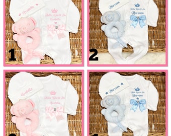 Baby homecoming set with sleepsuit hat bows comforter rattle Personalised gift Mum Auntie Nanny