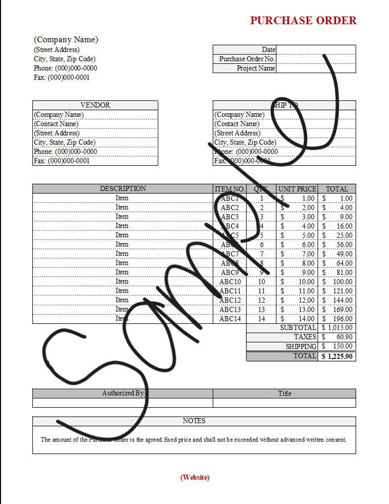 Purchase Order excel Template Etsy