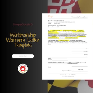 May include: A printable workmanship warranty letter template for Etsy sellers. The template includes fields for the project name, address, owner, general contractor, contract number, company name, contractor, completion date, and signature. The template is designed to be used for a one-year warranty period.