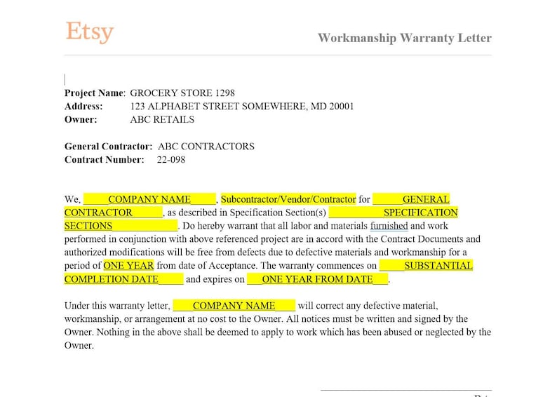 Construction Workmanship Warranty Letter With Notarial Writing Etsy