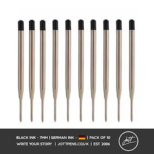 K&ouml;nnte beinhalten: Ein 10er-Pack Kugelschreiber-Minen mit metallisch silbernen Geh&auml;usen und schwarzen Kunststoffkappen. Der Text auf der Verpackung gibt schwarze Tinte, 0,7 mm Strichst&auml;rke, deutsche Tinte und den Markennamen Jott mit Gr&uuml;ndungsjahr 2006 an.