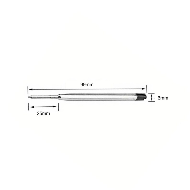 K&ouml;nnte beinhalten: Eine silberne Kugelschreibermine aus Metall mit schwarzer Kunststoffkappe. Technische Linien zeigen eine Gesamtl&auml;nge von 99 mm, einen Durchmesser von 6 mm und eine Spitzenl&auml;nge von 25 mm. Die Mine hat eine d&uuml;nne Spitze und einen Zylinder.