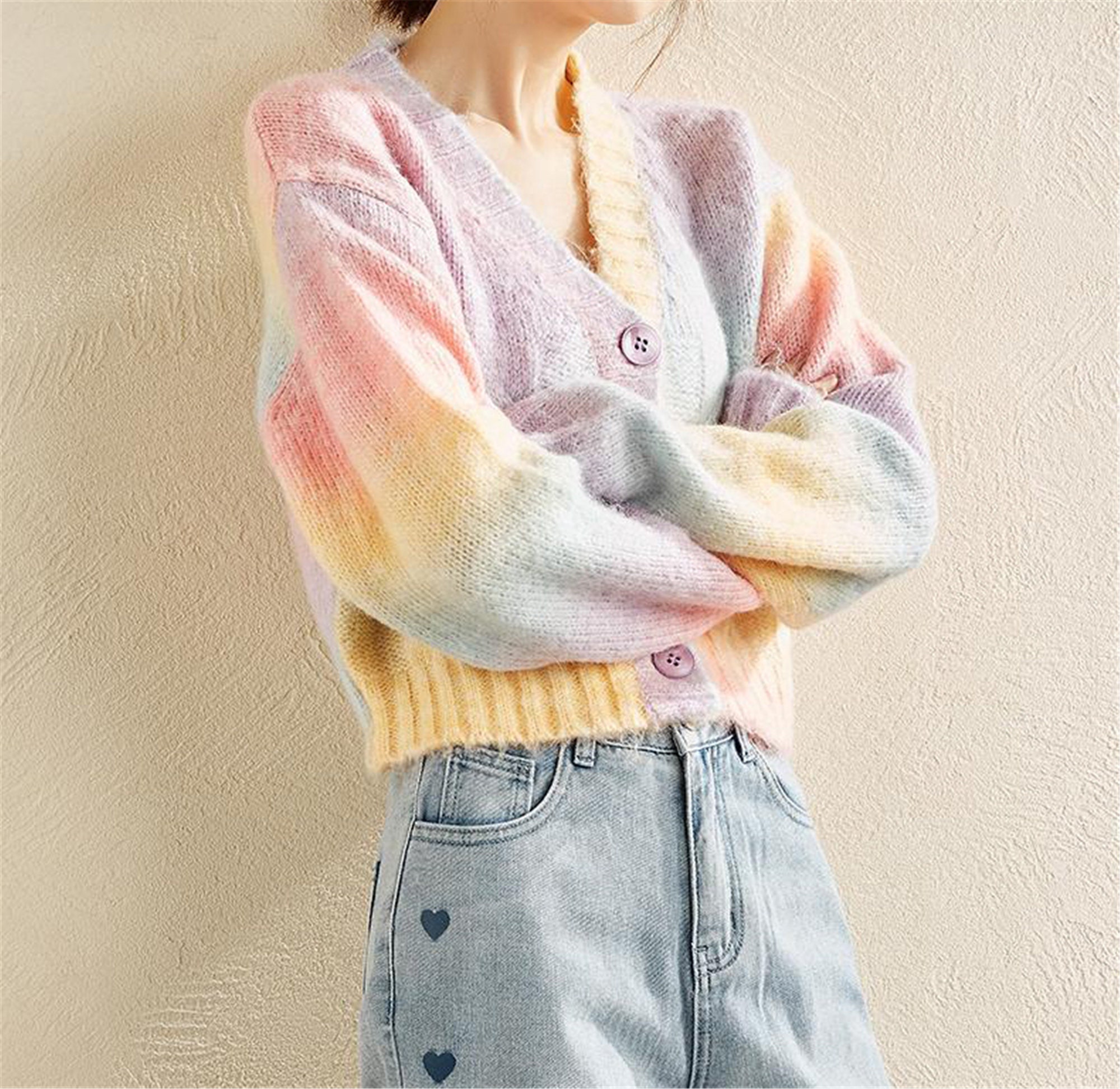 Pastel Rainbow Cardigan Knitted Cropped Sweater Top Kawaii Etsy Australia