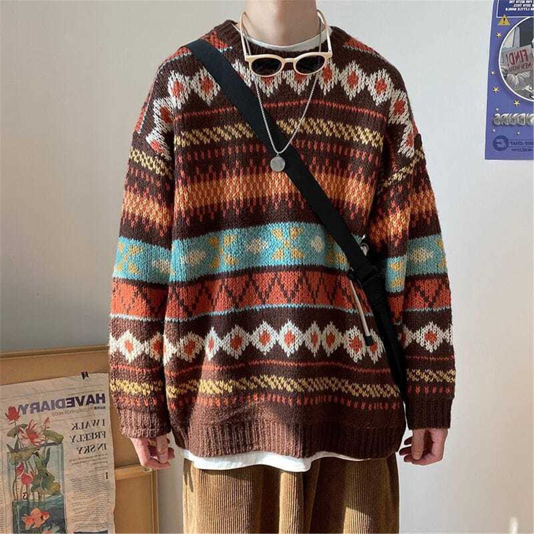 Vintage Men Knitted Sweater 80s 90s Jumper Crew Neck - Etsy