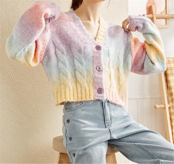 Pastel Rainbow Cardigan Knitted Cropped Sweater Top Kawaii - Etsy