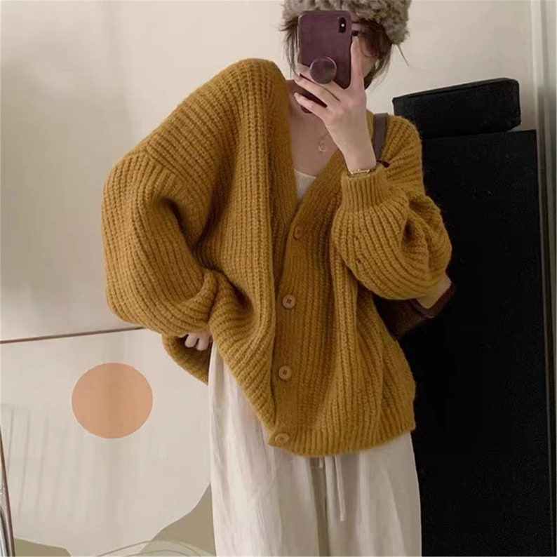 Vintage Multicolor Knit Cardigan Oversize Knit Sweater Turmeric