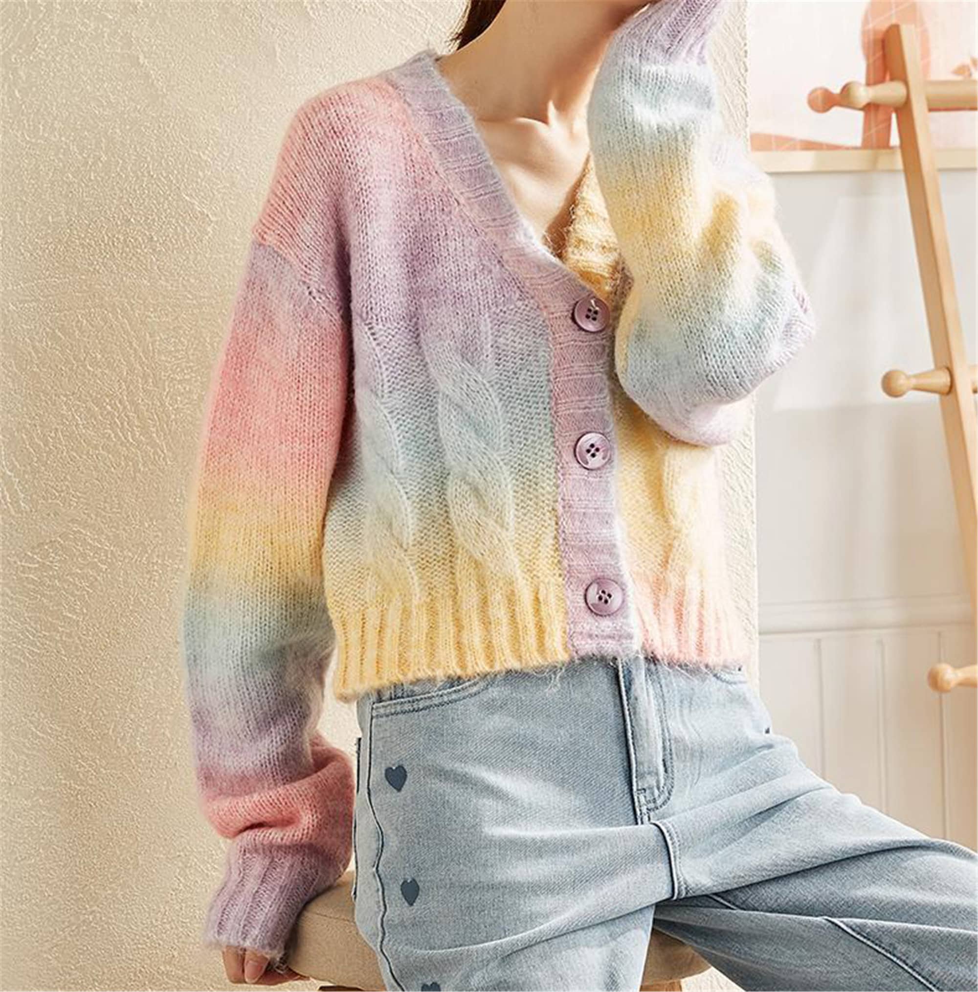 Pastel Rainbow Cardigan Knitted Cropped Sweater Top Kawaii Etsy Australia