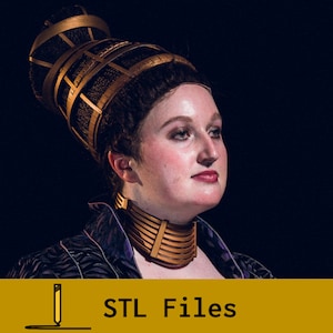 May include: A woman wearing a gold and black costume with a tall, elaborate headpiece. The costume features a high collar and a patterned bodice.