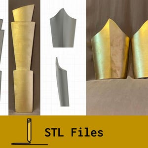 May include: Three sets of 3D printed parts for a costume. The parts are made of a gold-colored plastic and are shaped like a pointed, curved, and slightly rounded piece. The parts are arranged in a row on a white surface. STL Files.