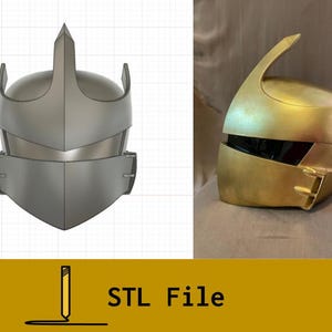 May include: A 3D printed helmet with a gold finish. The helmet has a pointed top and a visor. The helmet is shown in front of a white grid background and a brown surface.