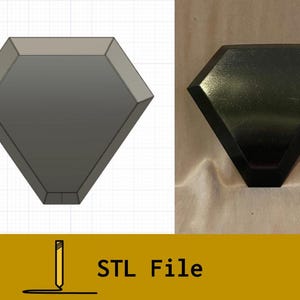 Pode incluir: Um modelo impresso em 3D de uma forma de diamante preto. O modelo é mostrado ao lado de uma versão impressa do modelo.