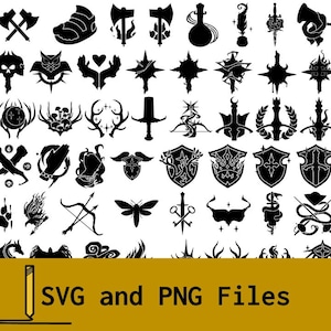Pode incluir: Uma coleção de gráficos de silhueta preta, incluindo machados, estrelas, escudos e outros desenhos com tema de fantasia. A imagem também contém o texto "SVG and PNG Files".
