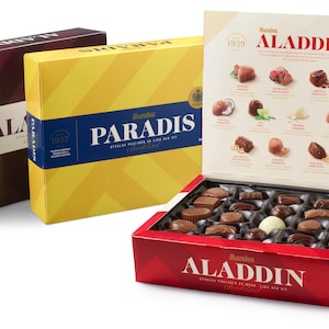 Caja de bombones suecos Aladdin o Paradis, Chokladpraliner. 400 gramos, chocolate clásico sueco para regalar o para ti. Regalo sueco.