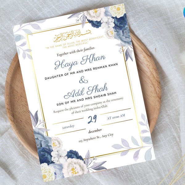 Editable Luxury Nikkah Card, Nikkah Invitation Card, Digital Walima Card Template, Muslim Wedding Evite, Digital Download, Canva Template