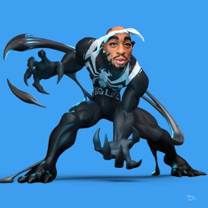 May include: A black and white cartoon character with a black bandana and the words "HUG LIFE" on the chest, posed in a superhero stance with black tendrils extending from the character's hands.