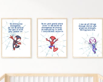 Amazing Spidey Print Set | Boy Nursery Decor | Scripture Art | Bible Verse Wall Art for Kids | Spiderman Decor | Be Strong and Courageous