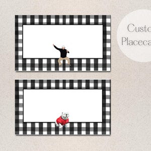 May include: Two black and white checkered place cards with a white background. The top card has a cartoon image of a person wearing a white hat and black clothing. The bottom card has a cartoon image of a white dog wearing a red sweater.