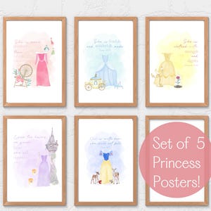 May include: Set of five framed princess-themed posters. Each poster features a watercolor illustration of a princess dress, with accompanying text. The posters are in wooden frames and are displayed against a white wall.