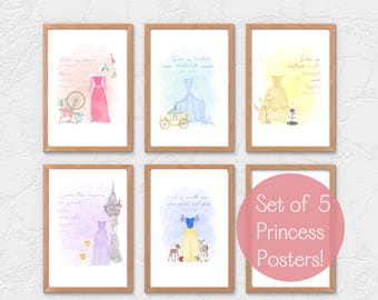 Prinsessenthema kinderkamerafdrukken | Assepoester | Belle | Aurora | Sneeuwwitje | Rapunzel meisjeskamerdecoratie | Sprookje | Kunst met schrifttekst