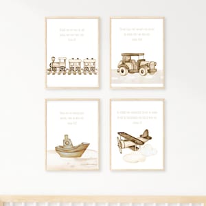 Transportation Print Set | Neutral Nursery Decor | Bible Verse Art | Airplane | Classic Car | Nautical | Train | Vintage | Baby Room Prints