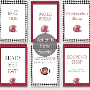 Könnte beinhalten: Set mit sechs Party-Postern zum Thema American Football. Jedes Poster hat einen weißen Hintergrund mit Text in Burgunder, einen Burgunderrahmen und einen schwarz-weißen Hahnentrittmusterrahmen. Enthält eine Footballhelm-Grafik.