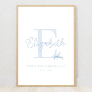 May include: A light blue printable wall art design featuring the letter E with the name Elizabeth and a glass slipper. The quote "fearfully and wonderfully made" with Psalm 139:14 is below the letter.