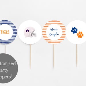 Decorazioni per feste stampabili a tema football blu navy e arancione/Download digitale/Decorazioni Auburn/Decorazione per cupcake da 2,5&quot;/Tema festa War Eagles/Portellone posteriore