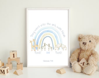 Christelijke dierenkwekerij print | Bijbel kinderkamer print ik digitale download ik baby kamer kunst | Noachs ark | Regenboogvers | Schrift decor