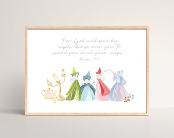 Custom Fairytale Princess Print | Psalm 91 | Baby Girl Nursery | Little Girl Room Theme | Princess Decor | Pastel | Fairy godmother