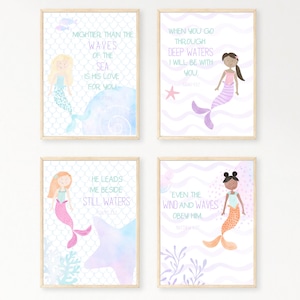 Mermaid Bible Verse Prints | Watercolor Under the Sea | Nautical Prints | Girl&#39;s Room Decor | Mermaid Art | Nursery Ocean Digital Download