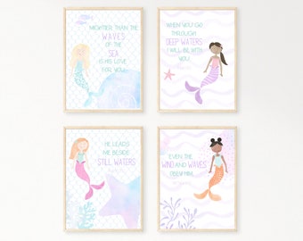 Mermaid Bible Verse Prints | Watercolor Under the Sea | Nautical Prints | Girl's Room Decor | Mermaid Art | Nursery Ocean Digital Download