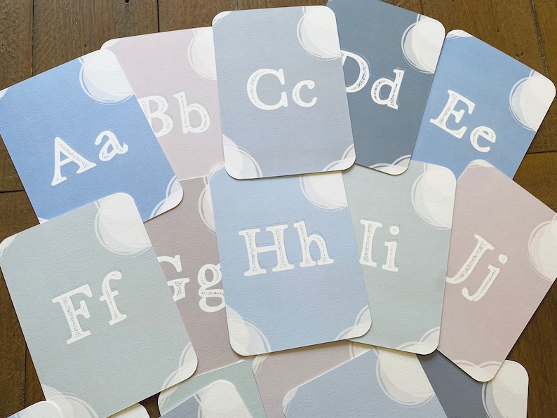 Peut inclure: Un jeu de cartes flash de l'alphabet avec les lettres A &agrave; J. Les cartes sont bleues et roses avec des points blancs et des lettres blanches.