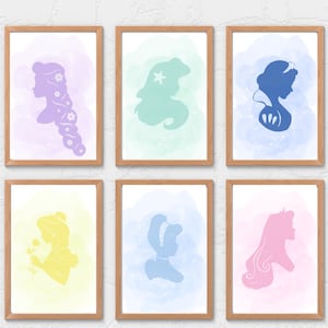 Set of Six Princess Silhouette Prints | Cinderella | Belle | Aurora | Snow White | Rapunzel I Ariel | Little Girls Room Decor | Fairytale