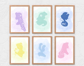 Set of Six Princess Silhouette Prints | Cinderella | Belle | Aurora | Snow White | Rapunzel I Ariel | Little Girls Room Decor | Fairytale