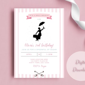 Uitnodiging voor verjaardagsfeestje Mary Poppins | Digitale download | Kinderfeestje