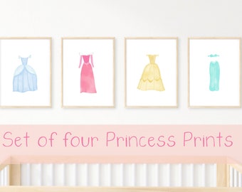 Customized Set of Four Princess Prints | Cinderella | Belle | Aurora | Jasmine | Rapunzel I Tiana | Little Girls Room Decor | Fairytale |