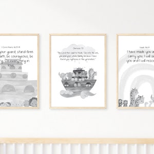 Decoração de berçário monocromática | Tema da arca de Noé | Arte de quarto infantil de animais | Impressão personalizada do verso da Bíblia | Impressões digitais em preto e branco