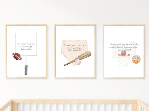 Christian Sports Nursery Set | Boy Nursery Decor | Scripture Sports Art | Wall Art for Kids | Baseball Decor | Football Decor | Basketball