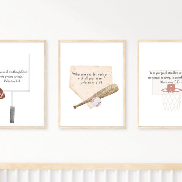 Christian Sports Nursery Set | Boy Nursery Decor | Scripture Sports Art | Wall Art for Kids | Baseball Decor | Football Decor | Basketball