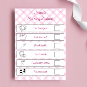 Afdrukbare ochtendroutine | Terug naar school | Roze preppy schooldecor | Gepersonaliseerde schoolafdrukken | Takenschema | Schoolorganisatie