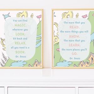 Set di poster del Dr. Seuss / Oh i posti in cui andrai / Arredamento pastello per la camera dei bambini / Arte neutra per bambini / Download digitale / Reading Nook Art