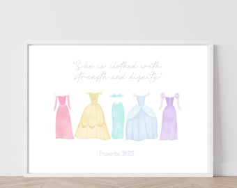 Pastel Princess Nursery Print | Baby Girl Nursery | Little Girl Room Theme | Elegant Princess Decor | Classic Princess Art | Proverbs 31