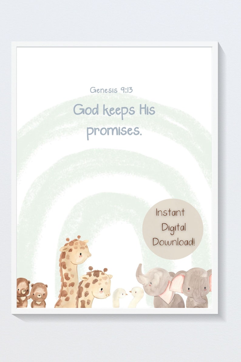Op de afbeelding: Een digitaal printbaar met een aquarel-illustratie van giraffen, olifanten en vogels. De tekst "Genesis 9:13 God houdt zijn beloften." staat in het midden van de afbeelding. De tekst "Direct digitaal downloaden!" staat in de rechterbenedenhoek.
