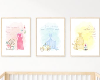 Set of 3 Princess Theme Nursery Prints | Cinderella | Aurora | Belle | Little Girls Room Decor | Fairytale | Scripture Verse Art