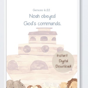 Op de afbeelding: Een aquarel-illustratie van Noachs ark met dieren, waaronder een nijlpaard, apen en schapen. De tekst "Genesis 6:22 Noach gehoorzaamde Gods geboden." staat boven de ark. De tekst "Direct digitaal downloaden!" staat onder de ark.
