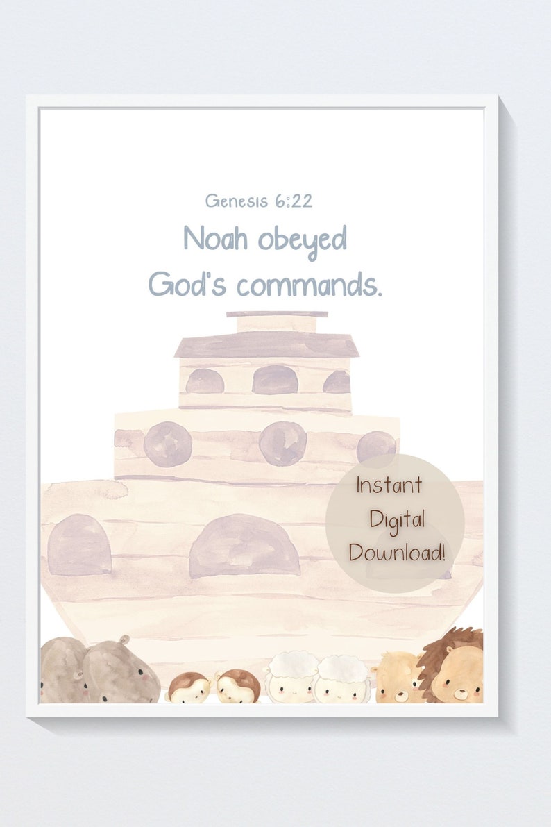 Op de afbeelding: Een aquarel-illustratie van Noachs ark met dieren, waaronder een nijlpaard, apen en schapen. De tekst "Genesis 6:22 Noach gehoorzaamde Gods geboden." staat boven de ark. De tekst "Direct digitaal downloaden!" staat onder de ark.