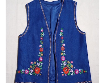 Vintage Royal Blue Felt Folk Vest Floral Embroidered Open Front Boho Lined
