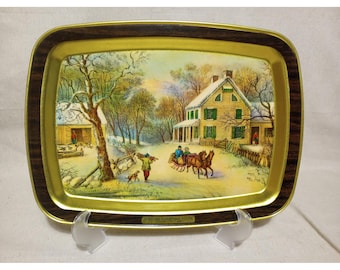 Zabytkowa metalowa taca Currier & Ives American Homestead Winter