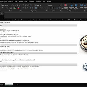 Könnte beinhalten: Ein Screenshot eines Tabellenkalkulationsprogramms mit Anweisungen für ein Makro namens "Year Range Extractor". Die Anweisungen erklären, wie man Daten vorbereitet, Ergebnisse überprüft und das Makro verwendet, um Jahresbereiche aus einer Spalte mit Daten zu extrahieren. Der Screenshot enthält auch zwei Schaltflächen, eine mit der Bezeichnung "EXTRACT" und die andere mit der Bezeichnung "FAQ".