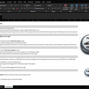 May include: A computer screen displaying a spreadsheet with instructions on how to use a macro to parse years from a data set. The macro will process year ranges, extract individual years, and validate the data. The spreadsheet has a button labeled "Parse Years" and a section labeled "FAQ".